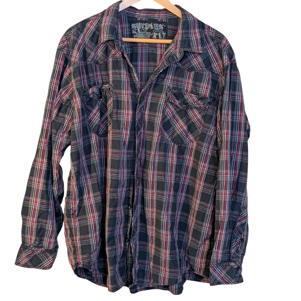 Surplus Black and Red Plaid Casual Shirt XLT Men's Skater Grunge Roll Tab Sleeve